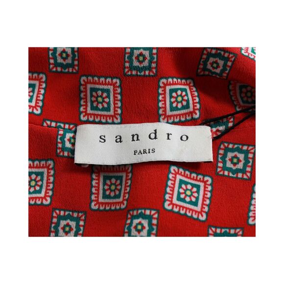 Sandro Paris Printed Front-Knot Mini Dress in Red Silk